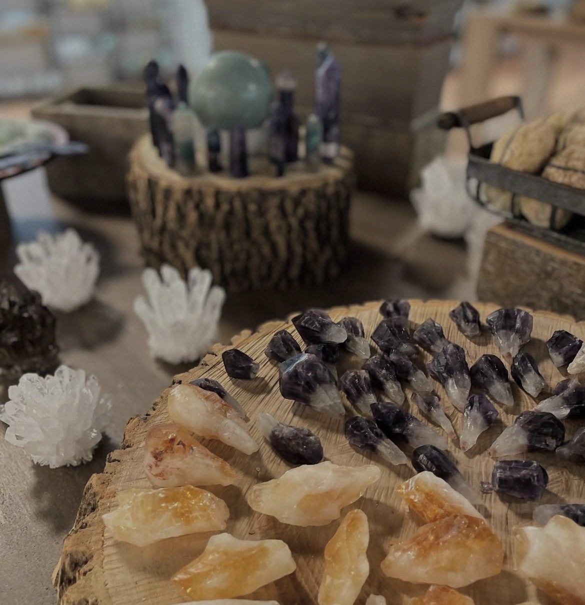 Natural gemstone collection on wooden display